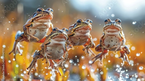 A surrealistic scene of multiple tree frogs of various colors and sizes leaping in unison, photo