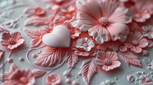 A pink heart-shaped candy laying on a bed of pink flowers.