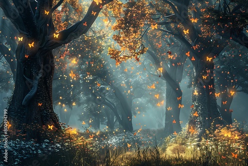 An enchanted forest with trees that have glowing leaves photo