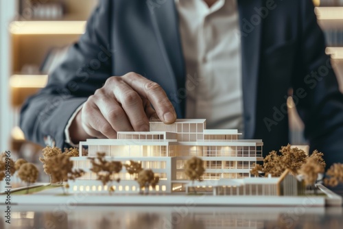 Businessman presenting new real estate office complex scale model for development project