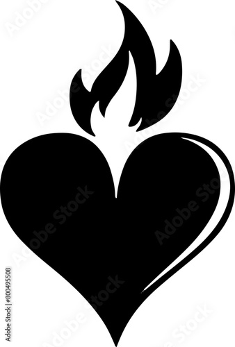 A silhouette of a heart with flames ideal for representing love  passion  or intensity in artworks  tattoos  or emotional content.
