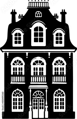 This detailed silhouette showcases a Victorian house, featuring unique windows and decorative trims, perfect for historical or architectural designs.