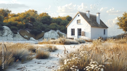 A small white house sits on the edge of a sandy cliff overlooking the sea.