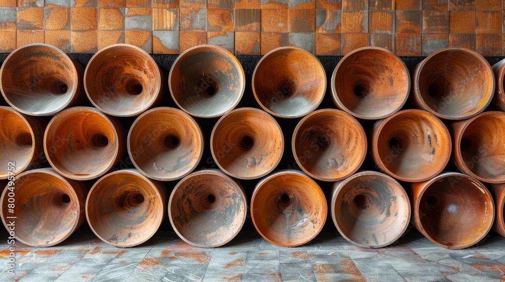 A stack of orange clay pots with a geometric background A stack of orange clay pots with a geometric background