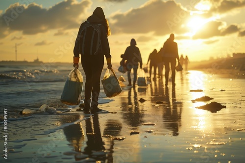 Beach cleanup volunteers during sunset