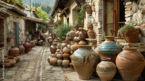 A street in a small Italian village lined with pots and jars