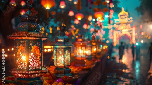 A street scene in India during Diwali  with colorful lights and people walking around.