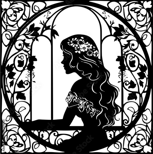 Elegant art nouveau illustration featuring a lady admiring a plant, perfect for creative design themes