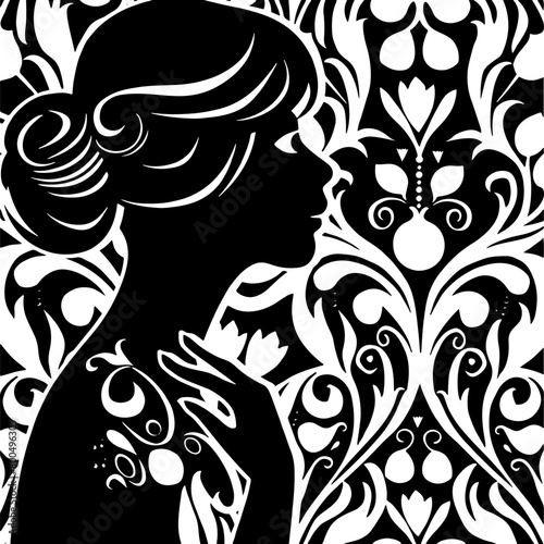 Elegant art nouveau illustration featuring a lady admiring a plant, perfect for creative design themes