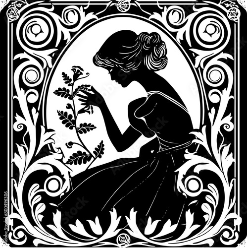 Elegant art nouveau illustration featuring a lady admiring a plant, perfect for creative design themes