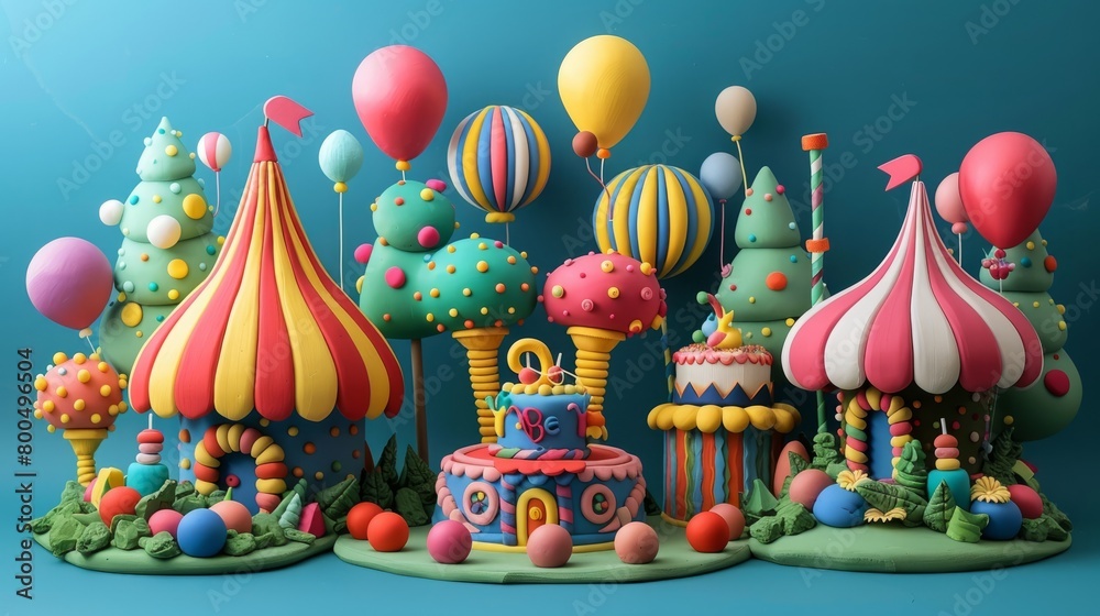 A whimsical 3D illustration of a colorful circus scene, with a blue background. There are several large, brightly colored balloons, and two circus tents. A whimsical 3D illustration of a colorful circus scene, with a blue background. There are several large, brightly colored balloons, and two circus tents.