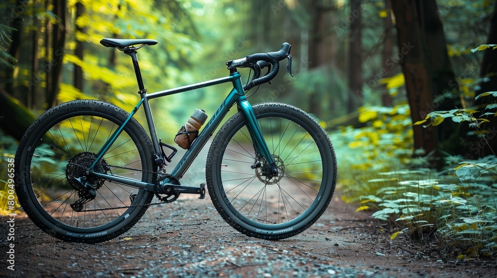 Dark teal gravel bike on a forest path, nature exploration,