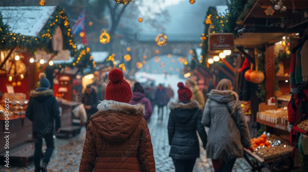 Fototapeta premium A woman in a red beanie walks through a crowded Christmas market.