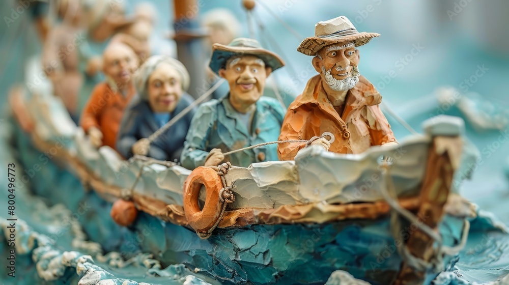 A wooden sculpture of a boat with people in it.