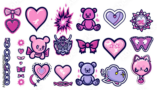Y2K グラマー ピンクのステッカー。蝶、かわいいクマ、火、炎、チェーン、ハート、タトゥー、その他のトレンディなエモ ゴス 2000 年代スタイルの要素。ベクターの手描きのアイコン。 90年代、00年代の美学。ピンク、ブラックの色。