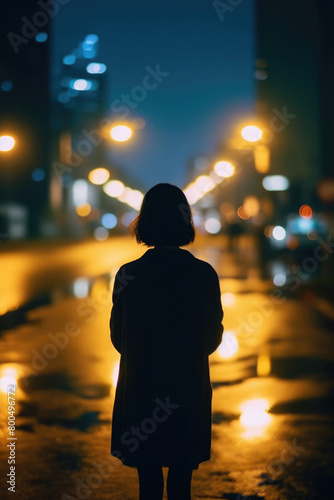 女, 女性, シルエット, 都会, 夜の街, 夜景, 光, 佇む女性, woman, female, silhouette, city, night city, night view, light, standing woman