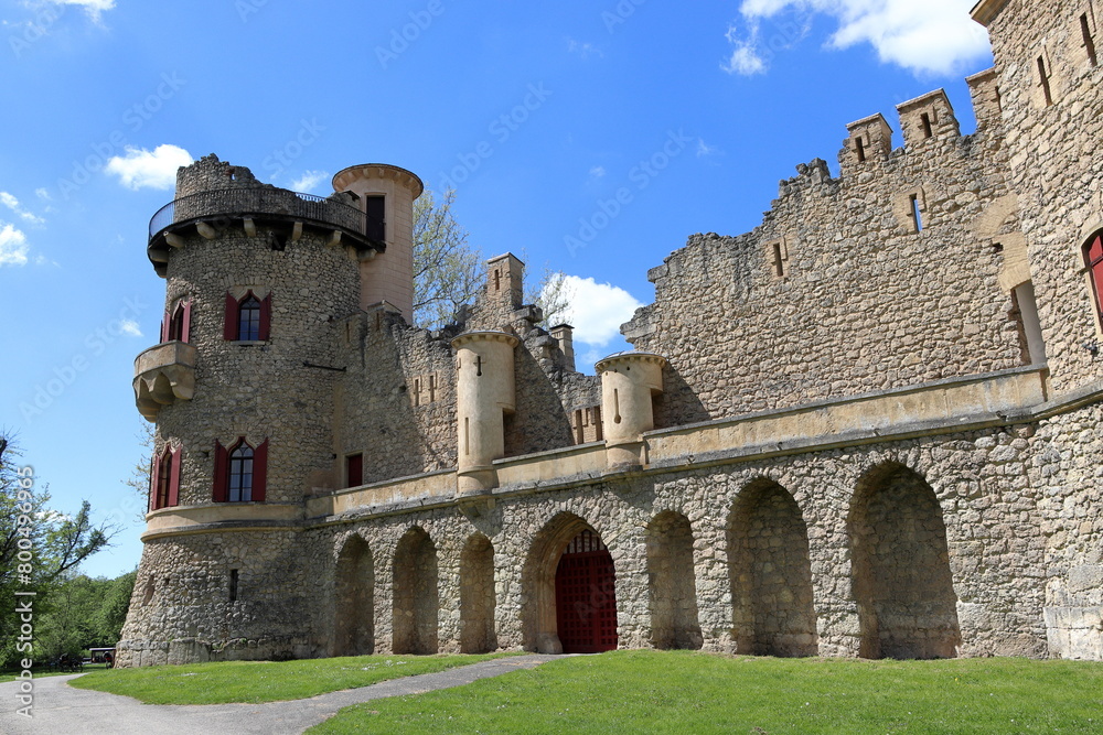 The ruins of Janohrad Castle. An artificial ruin of a medieval castle on the edge of the Lednice-Valtice area, built in 1801 in the Czech Republic. Walls with a gallery.