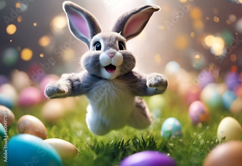 AI generated illustration of a playful rabbit dashes through a grassy field filled with Easter eggs