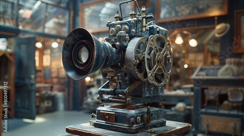 An antique movie projector sits on a table in a cluttered workshop.