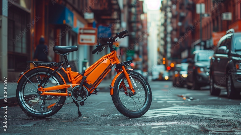 Tangerine folding bike on an urban street, vibrant and portable,