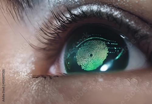 AI generated illustration of an extreme close-up of an eye being scanned with a fingerprint photo