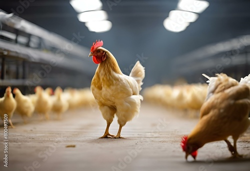 AI generated illustration of a flock of chickens strolling together in a barn photo