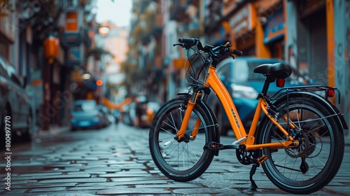 Tangerine folding bike on an urban street, vibrant and portable, photo
