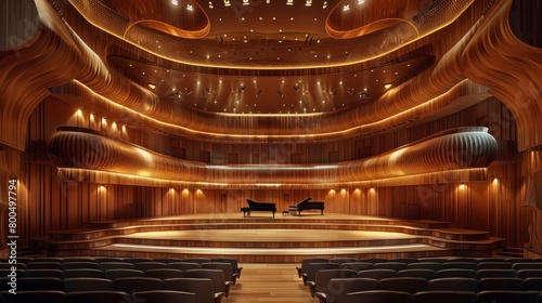 An empty concert hall with two pianos on stage.