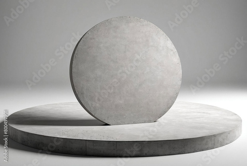 Abstract background of realistic round podium with stone ground isolated on grey. Rendering concrete cement floor on circular layered soil stage. Geometric abstract realism concept. Copy ad text space