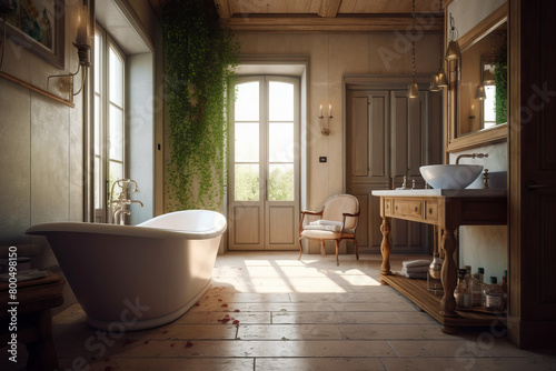 Cozy interior of bathroom in modern house in Provence style.