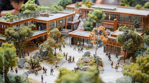 An image of a miniature city made of wood with people walking around photo