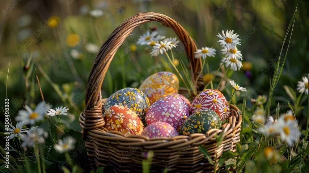 An image of an Easter basket filled with colorful Easter eggs. The basket is sitting in a field of green grass and white flowers.