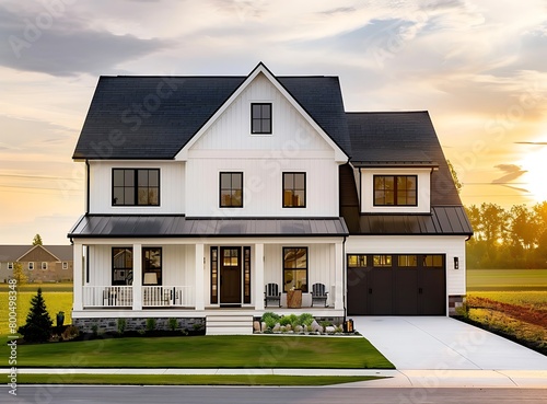 Beautiful new modern farmhouse style home exterior with white walls and black roof, large front porch, garage, and stone accents