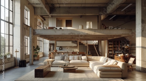 An industrial living room with a large concrete sectional sofa, a wood coffee table, and a large area rug. There are several large windows, a mezzanine level with a library. photo