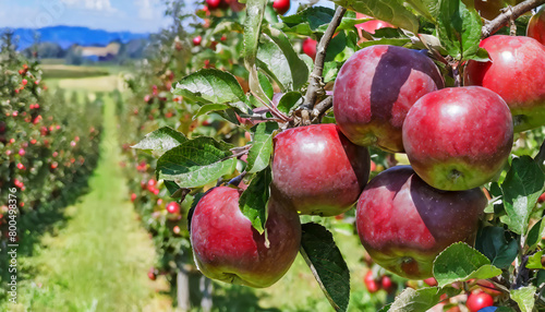 Red apples on tree ready to be harvested. Ripe red apple fruits in apple orchard photo