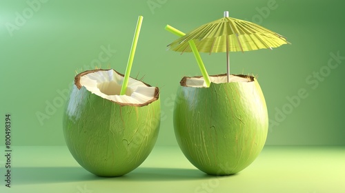 Realistic 3D illustration of green and ripe coconut cocktails with a straw and umbrella.