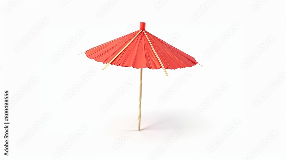 Realistic 3D vector model of a toothpick cocktail umbrella, crafted from red paper, isolated on a white background.