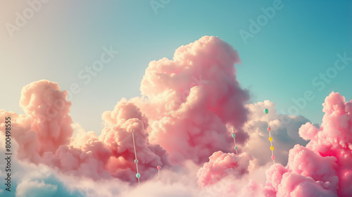 An imaginative scene with fluffy pink clouds resembling cotton candy against vivid blue sky photo