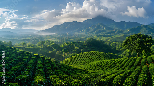 Tea Plantation Overlooking Mountains. Generative AI