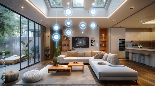  AIpowered smart home interior, showcasing various digital holographic projections representing different room types and their networked communication with the main system through data connections