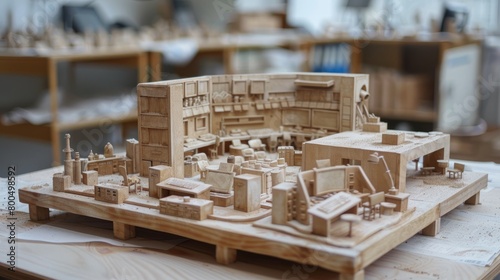 An intricate and detailed wooden model of the interior of a office