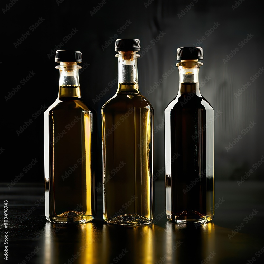 olive oil bottles on a sleek surface isolated on a black background, excellent light and realism olive oil bottles on a sleek surface isolated on a black background, excellent light and realism