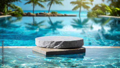 Stone podium stand in luxury blue pool water. Summer background of tropical design product placement display. Hotel resort poolside backdrop © Loliruri