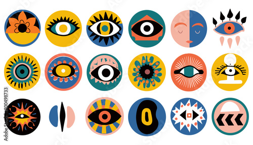 素朴な遊び心のある抽象的な形のステッカー パック。トレンディなレトロな 90 年代の漫画スタイルのグルーヴィーな円の楕円形の長方形のアーチ目タイポグラフィ。波状の幾何学的な要素を含むベクトル図。ブルータリズムの美学。