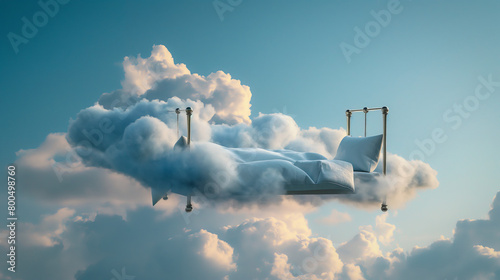 Conceptual artwork of a luxurious bed floating on white clouds in a serene sky photo