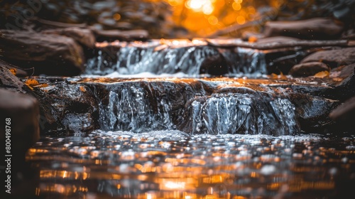  A tight shot of a flowing water stream, featuring rocks in the near foreground and a sunset in the distant background