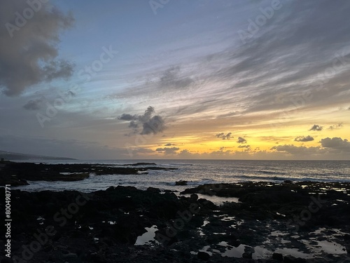 Sunset over the Atlantic Ocean near Punta del Hidalgo, San Cristóbal de La Laguna, Tenerife, Canary Islands, Spain, March 2023