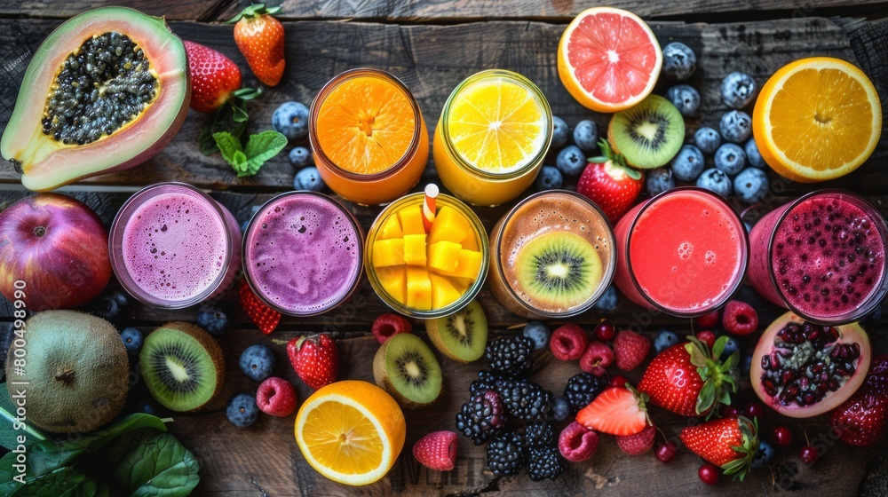 Assortments of fresh fruit smoothies on wood table. Assortments of fresh fruit smoothies on wood table.