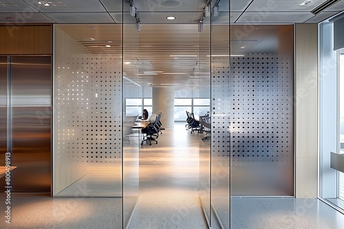 Frosted glass patterns offering privacy in a modern open-plan office