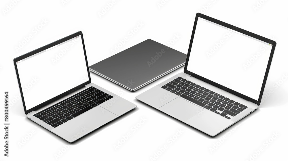 Fototapeta premium Realistic laptop mockup featuring a blank screen isolated on a white background, offering various perspectives and views.